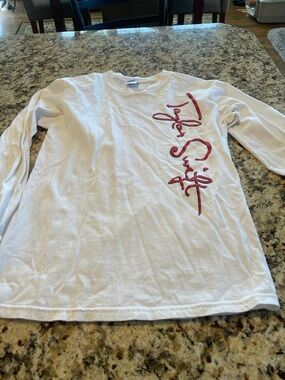 Gildan White Long-Sleeve Tee with Red Script Logo